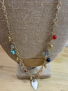 Gold Chain Charm Necklace with Red, Blue, Turquoise, Pink, and Ivory Accents
